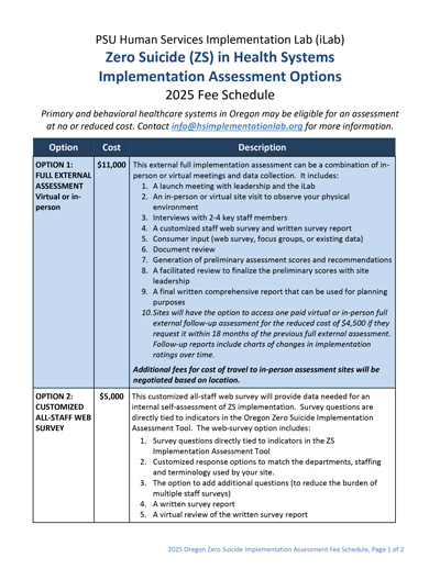 Zero Suicide Assessment Fee Schedule